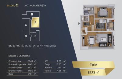 Kompleksi Royal Residence, shitet Banesa BLLOKU 2, TIP A, 81.73m2