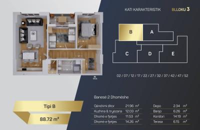 Kompleksi Royal Residence, shitet Banesa BLLOKU 3, TIP B, 88.72m2