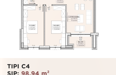 Banesë për shitje në Kompleksin HAB 16 & 17, Hyrja C, Tip C4, 98.94m2