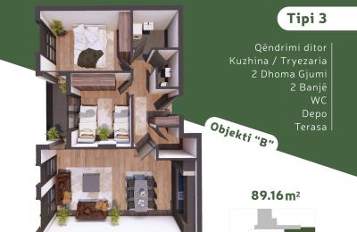 KOMPLEKSI URTINA, OBJEKTI B Tip 3,  89.16m2