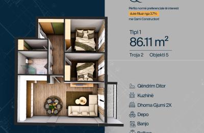 TROJA 2, Banesë T1, Objekti 5, 86.11m2