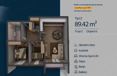 TROJA 2, Banesë T2, Objekti 6, 89.42 m2